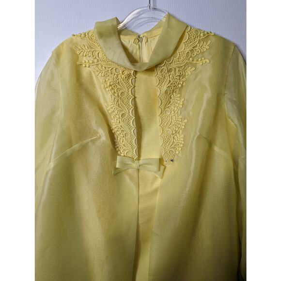 Vintage 60's Yellow Sheath Dress Vest Set Chiffon Sleeves and Vest Lace Detail - Picture 12 of 15